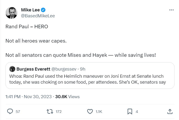 Rand Paul = HERO  Not all heroes wear capes.  Not all senators can quote Mises and Hayek — while saving lives!