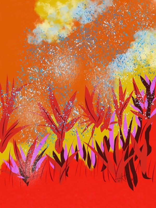 Cartoon painting by Sherry Killam Arts suggesting an explosion of fire and rain against an orange sky.