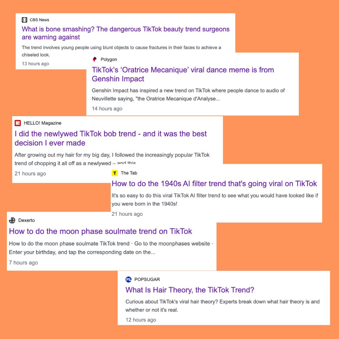 A collage of headlines from various news outlets discussing current TikTok trends. CBS News reports on a dangerous beauty trend called 'bone smashing'. Polygon covers a viral dance meme from Genshin Impact. HELLO! Magazine shares a story about someone embracing a newlywed bob haircut trend. The Tab explains how to participate in the 1940s AI filter trend. Dexerto discusses how to find your moon phase soulmate. Lastly, POPSUGAR investigates the 'Hair Theory' trend on TikTok. Each headline includes the outlet's logo and the time since the article was published, ranging from 7 to 21 hours ago."