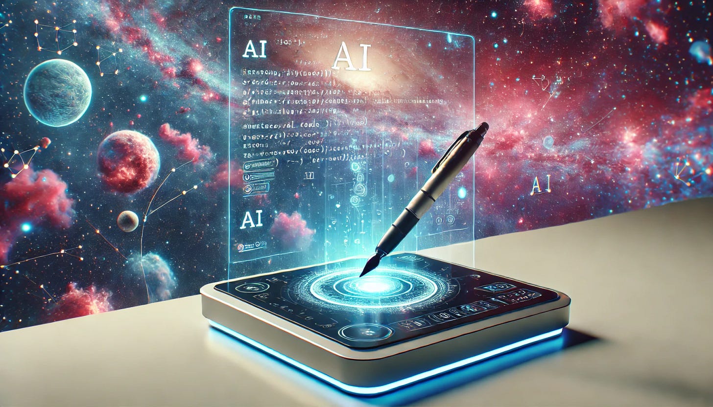 A futuristic virtual desk with a sleek, minimalistic design, featuring a robotic pen writing autonomously on a digital notepad. The desk screen displays AI code and writing prompts in a holographic interface. The background is a breathtaking cosmic starfield, filled with vibrant nebulae and stars, evoking a sense of limitless creativity. The image has a wide aspect ratio, emphasizing the immersive and expansive futuristic setting.