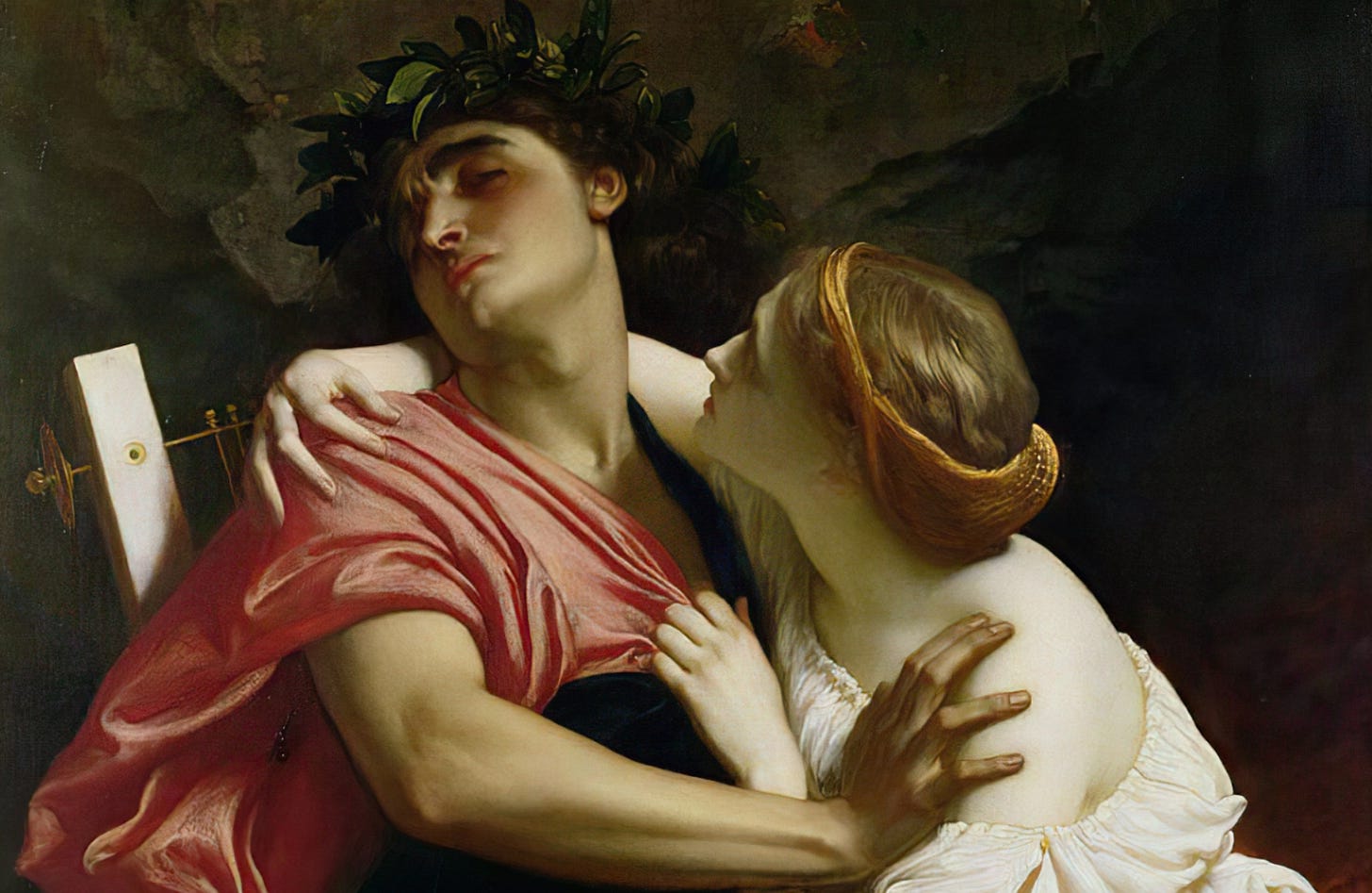 An oil painting showing a man and a woman in classical greek togas in an embrace, the man pulls away from the woman in disgust as she clings to him