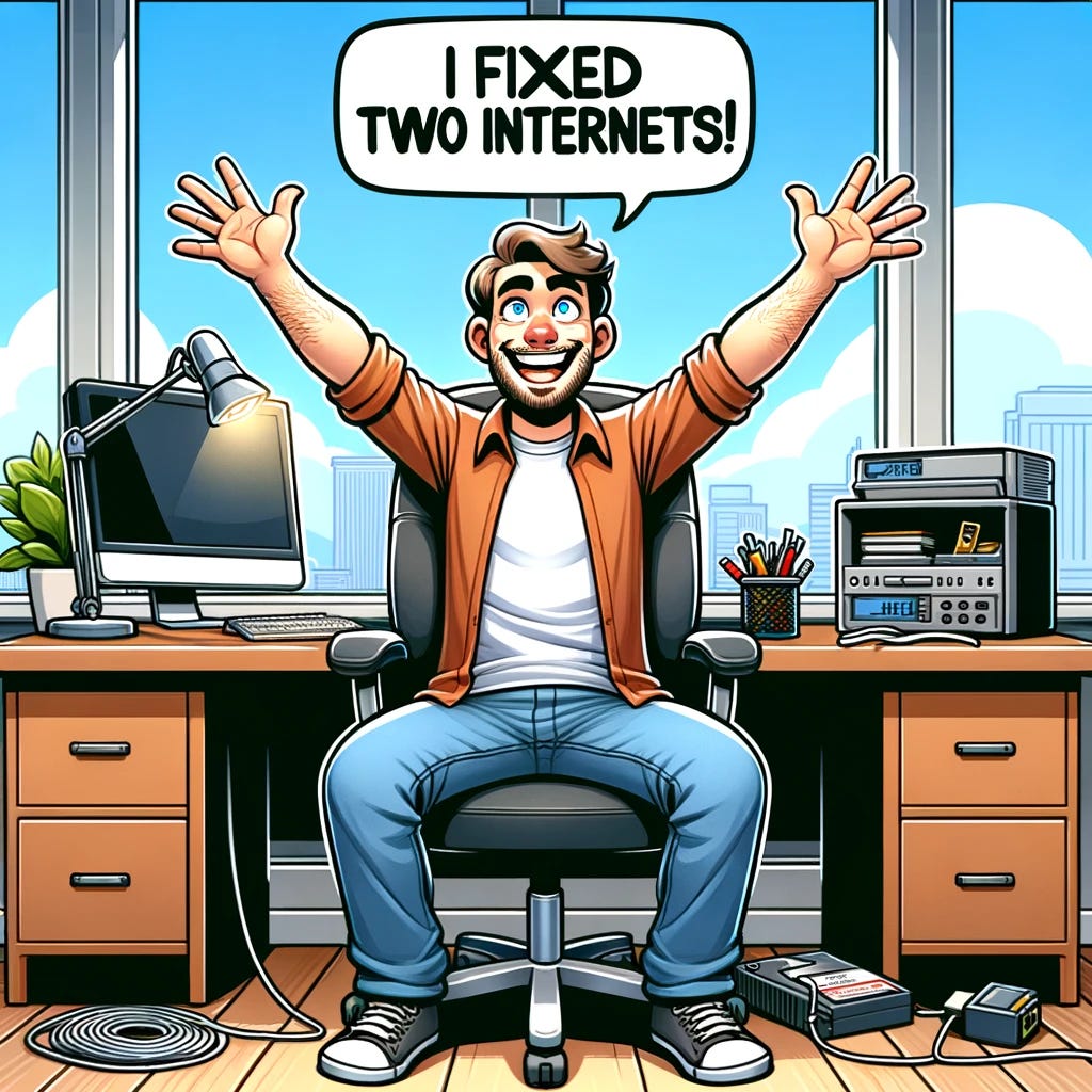 Wide cartoon in a 16:9 aspect ratio of a man sitting at a desk, throwing his arms up in the air, and yelling 'I fixed two Internets!' The man is wearing a casual outfit and has a cheerful expression on his face. The desk is cluttered with various tech gadgets and cables. The background features a window with a view of the city skyline.