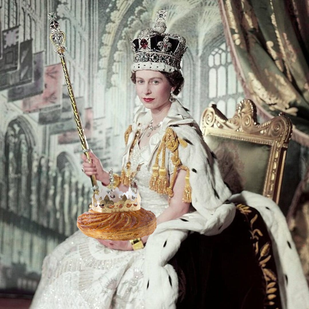 a kings' cake coronation collage - Queen Elizabeth II's coronation, holding a kings' cake instead of the orb