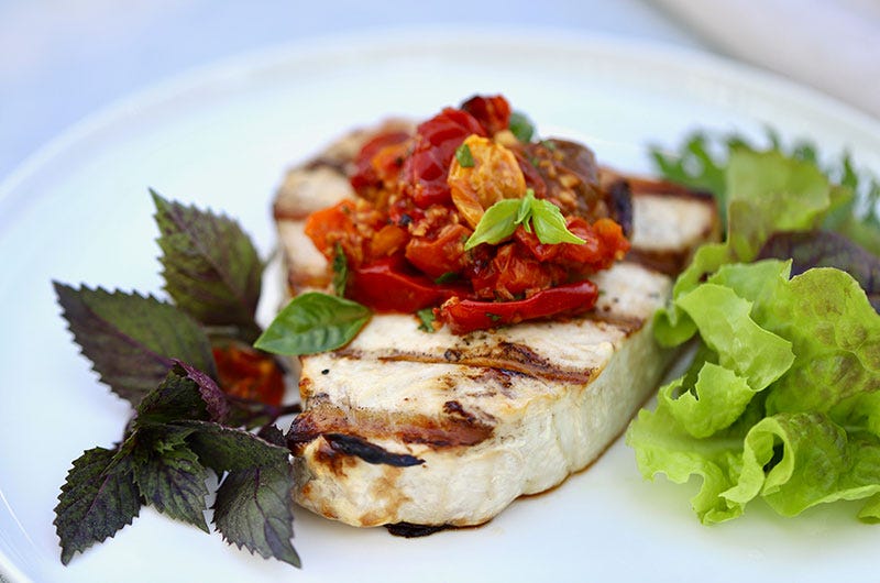 Grilled Swordfish with Roasted Tomato-Ginger Compote and Lemon Basil