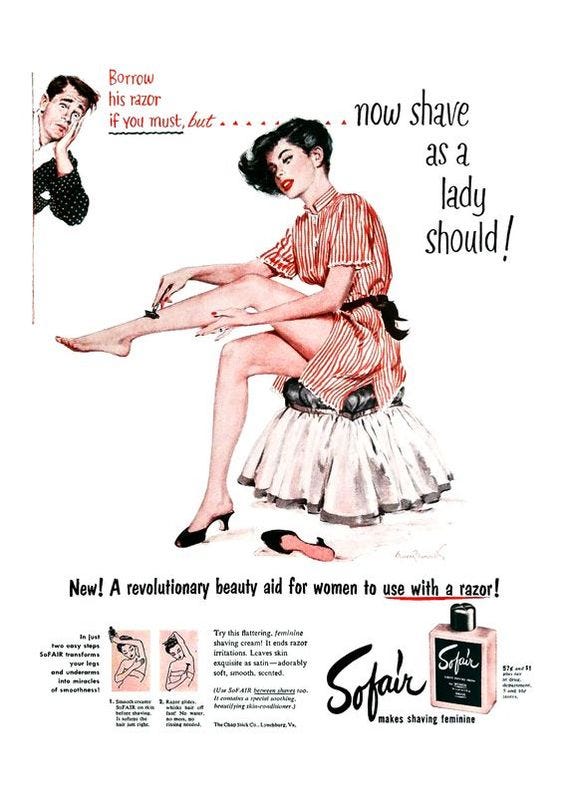 1950s vintage ad for Sofair women's femine shaving cream