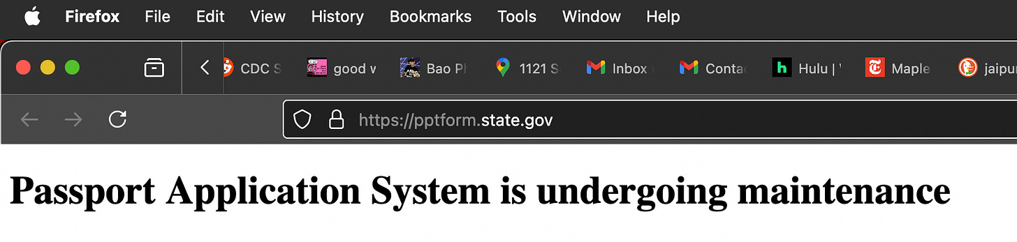 Screenshot of US Passport renewal website that reads Passport Application System Is Under Maintenance