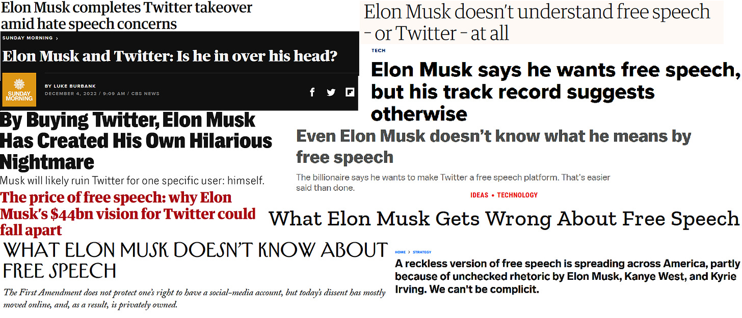 Collage of mainstream media headlines regarding Musk and Twitter. 