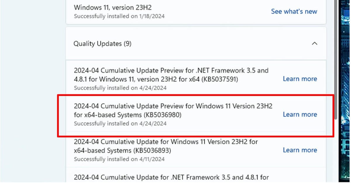 Screenshot showing Windows 11 update
