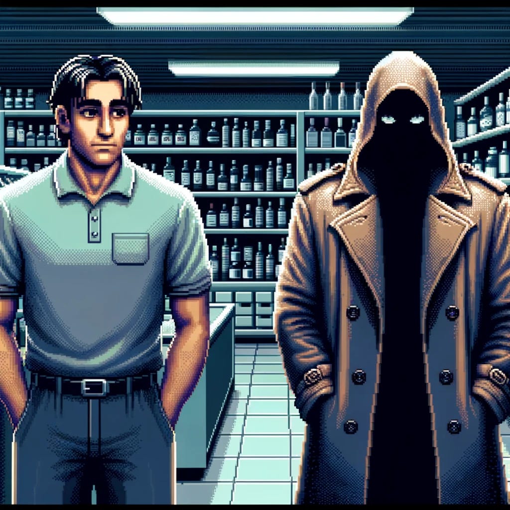 This 16-bit era video game style scene is set in a liquor store with cold fluorescent lighting. The focus is on two figures: a male liquor store clerk of Armenian-Syrian descent, clean-shaven and wearing a tucked-in polo shirt, and a thief. The thief is shrouded in a stylish trenchcoat, with their identity carefully concealed by shadows to maintain a gender-neutral, non-obvious appearance. Their long hair is subtly visible, but the use of shadow ensures no clear gender indicators are present. The background features shelves lined with various liquor bottles, enhancing the late-night, secretive mood of the scene. The visual contrast between the clerk's clear features and the thief's obscured, enigmatic presence emphasizes the air of mystery in their interaction.