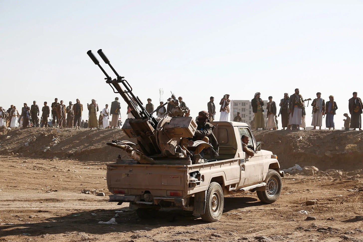 Houthi fighters and followers demonstrate in support of Palestinians, and the Houthi strikes in the Red Sea, in Sanaa, Yemen, on Feb. 4.