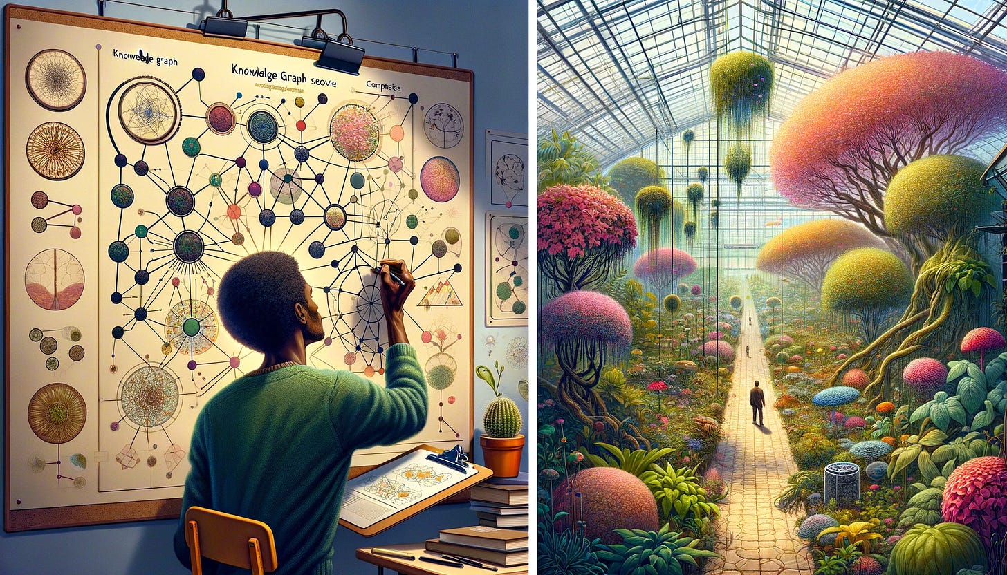 Left, a person working on a knowledge graph. Right: a person walking through a complex and colorful organic world.