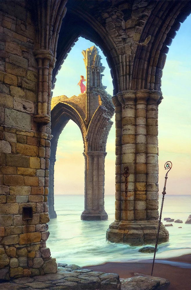 As seen through pointed arches of an old abbey in ruins, a woman stands high on a crumbling wall, resting her hand on the rough stonework as she stares off-panel lit by the light of dawn. Frothy white tide washes over the base of pillars. An ornate metal staff is stuck in the sand. The top ends in spiral with blue glass at the center in a sun-shaped setting.