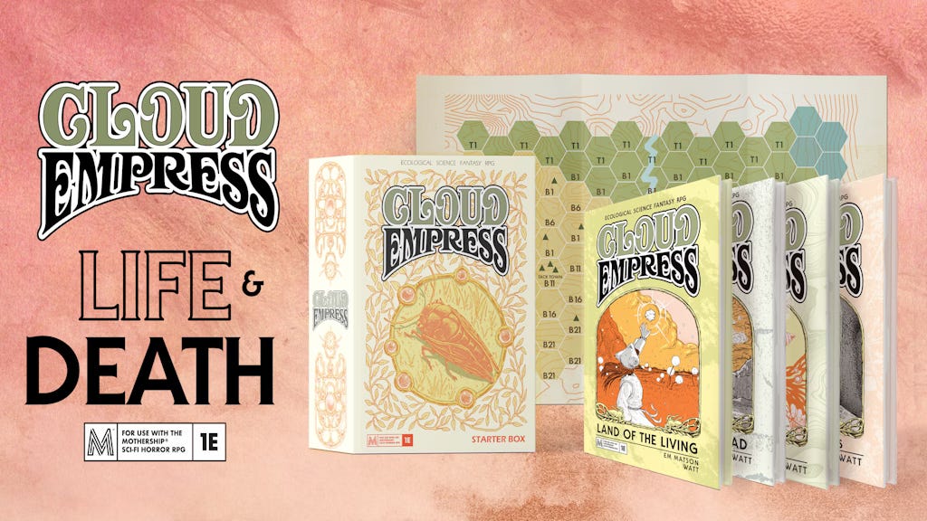 Cloud Empress Land of Living, Land of the Dead hardbacks, a Cloud Empress Box, a new hexmap, and the original two books as hardbacks.