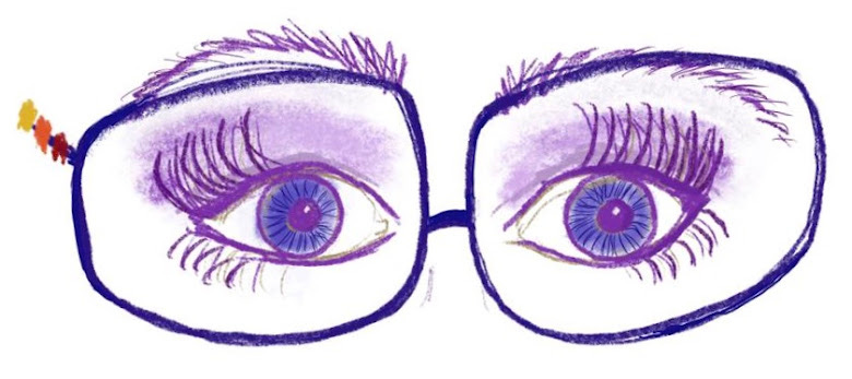 Cartoon-like drawing in shades of dark to medium purple. Eyes with beautiful eyelashes, looking through a pair of glasses. Artwork by Jodi of Jodi Arts.