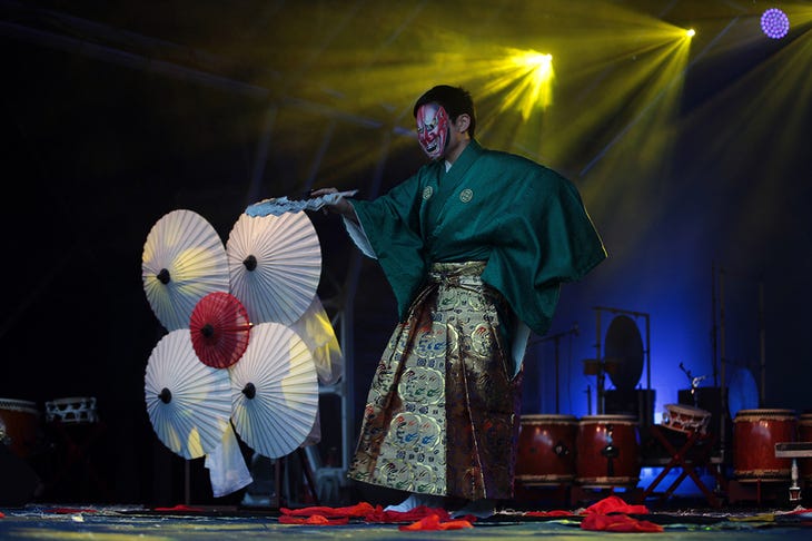 A person in kimono and tradition Japanese mask