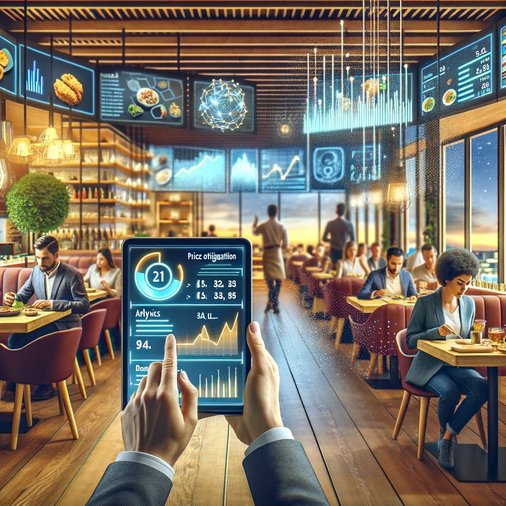A scene in a modern restaurant illustrating the concept of price optimization using AI. The restaurant is busy with customers dining at tables. In the foreground, a manager is seen looking at a tablet displaying graphs and analytics, symbolizing the use of AI for price optimization. Around the restaurant, there are digital menu boards showing dynamic pricing, subtly indicating how prices are being adjusted in real-time based on AI analysis. The atmosphere is vibrant and the décor reflects a contemporary dining environment.