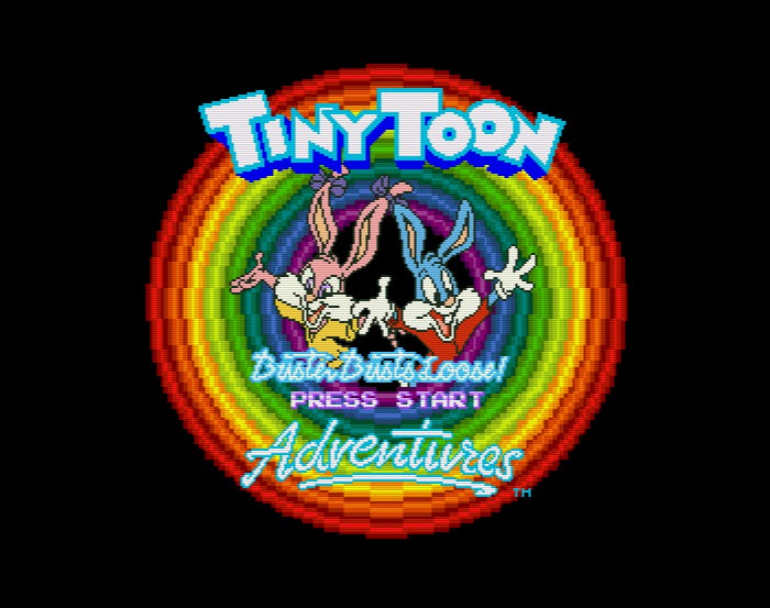 A screenshot of the title screen for Buster Busts Loose, featuring the standard Tiny Toons rainbow-colored circular logo, with both Babs Bunny and Buster Bunny popping out of the middle