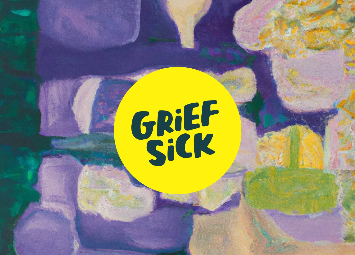 AI generated painting with dark green background and purple squares with green and yellow brushstrokes, with a yellow circular logo in the centre, with the words Grief Sick in handwritten dark blue typeface