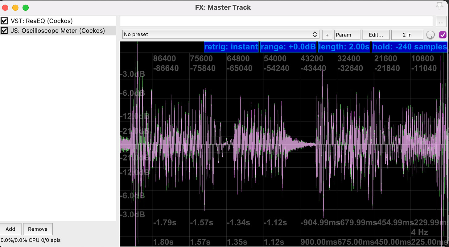 An screenshot of an oscilloscope within a DAW, which can be used to determine how to make your music louder.