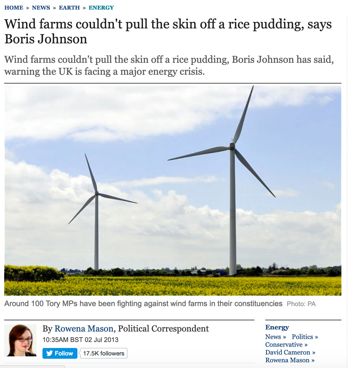 Boris Johnson Wind Turbines Rice Pudding Telegraph