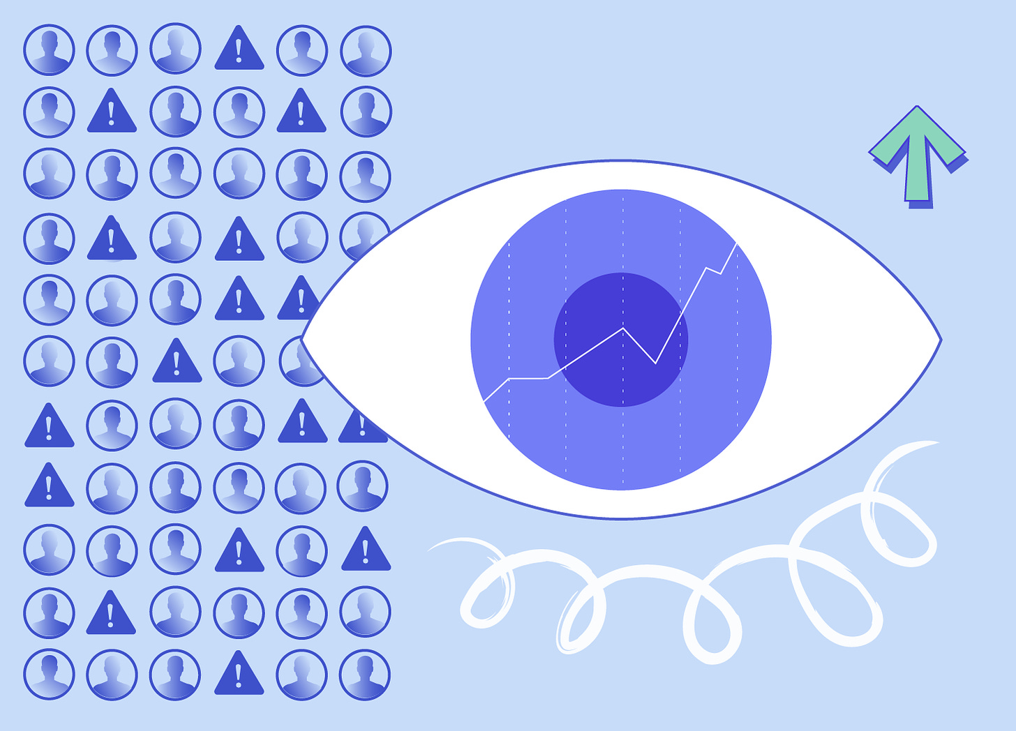 An illustration with many small silhouette avatar images and warning symbols, a large eye with a growth chart in the iris, a squiggly line flourish, and an upward-pointing arrow.