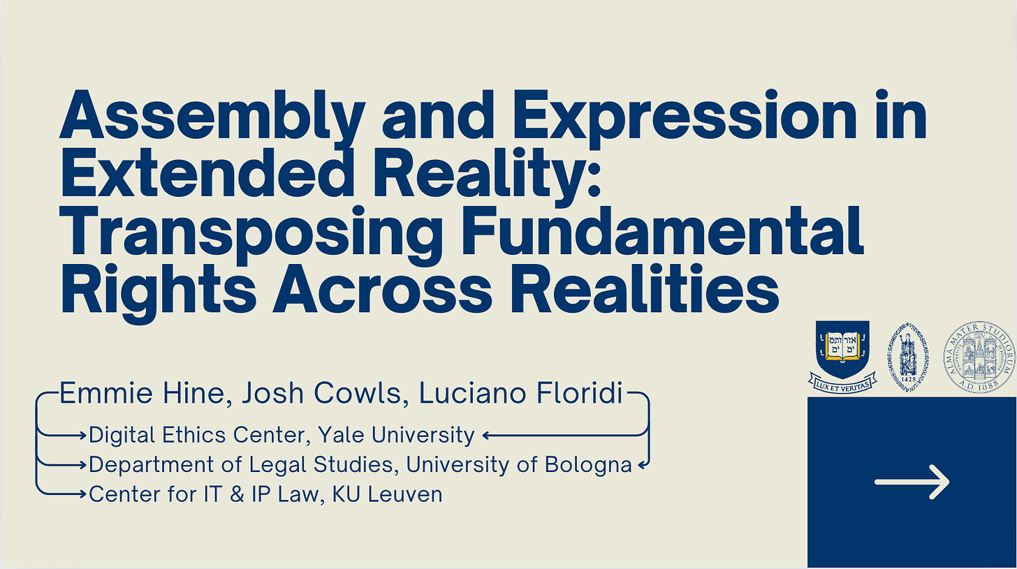 The title slide of my presentation. Assembly and Expression in Extended Reality: Transposing Fundamental Rights Across Realities.