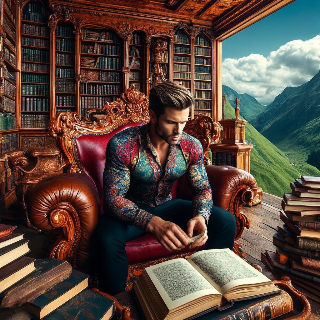 A luxurious and vibrant image of a young, masculine man reading in a richly decorated, opulent library set up on the top of a mountain. The library exudes an extravagant 1800s style, with heavy, ornate wooden shelving and sumptuous vintage furnishings amidst towering stacks of aged books and scattered papers. The outdoor setting includes lush, green mountain peaks under a bright blue sky. The man, in his mid-20s, appears robust and rugged, wearing a colorful, elegant shirt, deeply engrossed in his book, surrounded by the dramatic and unusual outdoor setting.