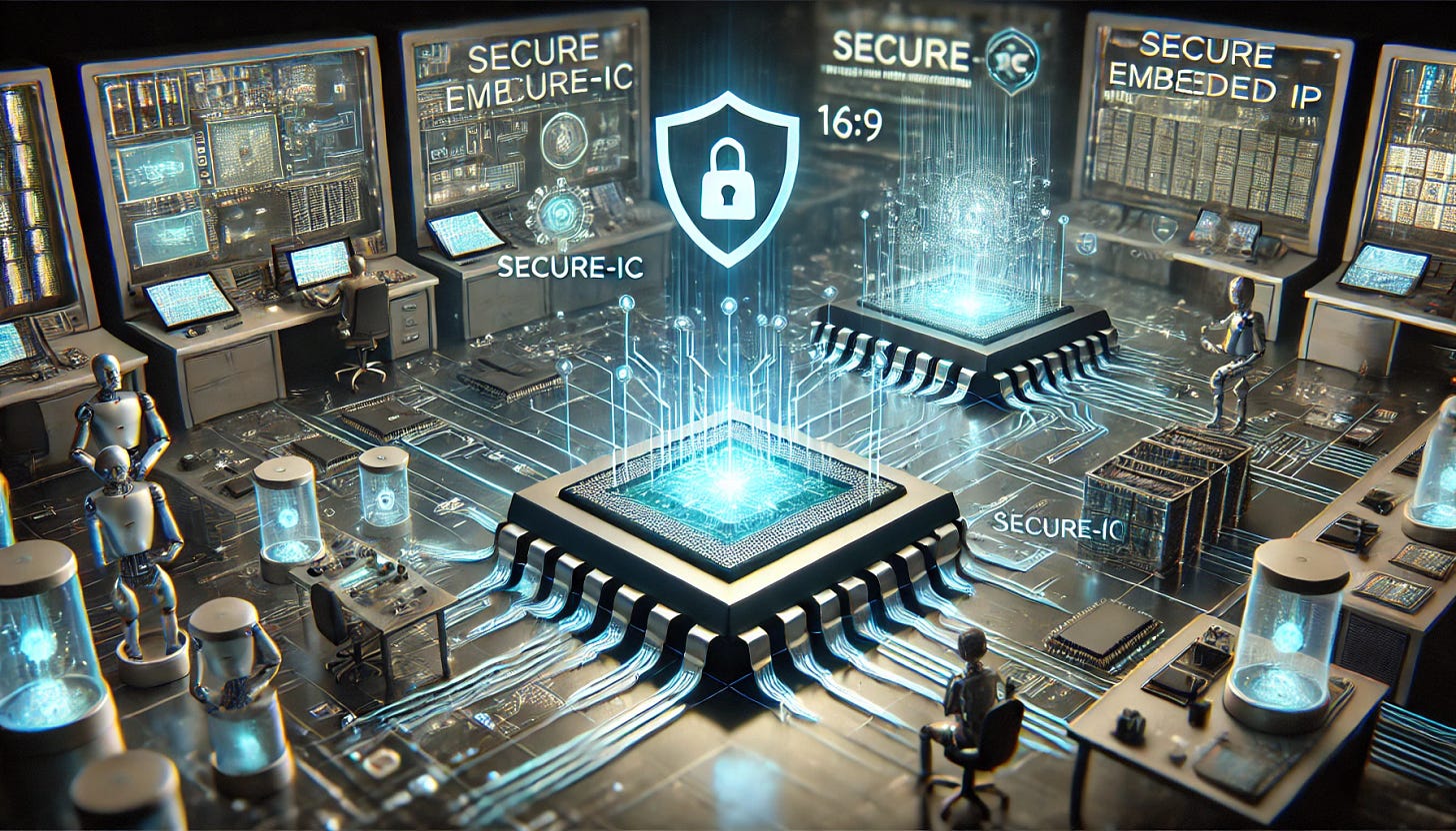 A 16:9 futuristic illustration symbolizing Cadence's acquisition of Secure-IC to expand its embedded security offerings. The scene features two interconnected silicon chips, one representing Cadence and the other Secure-IC, linked by glowing circuitry to signify the merger. Holographic shields and security icons surround the chips, emphasizing enhanced cybersecurity. The background showcases a high-tech lab with engineers and robots working on integrated semiconductor systems. Digital displays highlight the growing demand for secure embedded IP solutions, portraying innovation and the strengthening of Cadence's portfolio.