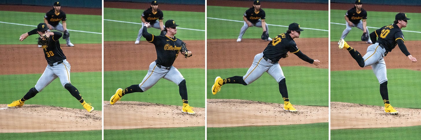 Four photos of Pirates pitcher Paul Skenes in various stages of throwing a pitch from the mound