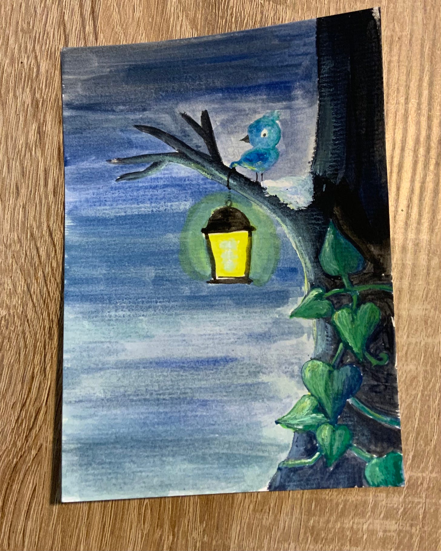 Painting of a tree with a lantern on a branch. A bird is sitting on top of the branch