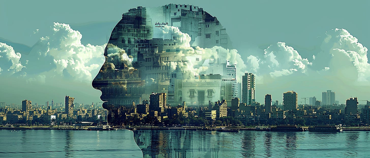 A digital art piece featuring the silhouette of a human profile, filled with images of urban buildings and clouds, set against a city skyline by the water.