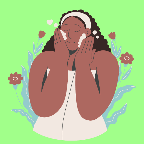 A Black woman in a bath towel washing her face with flowers behind her. Source: Canva