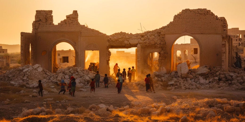 Palestinian children playing amidst the ruins of a destroyed village