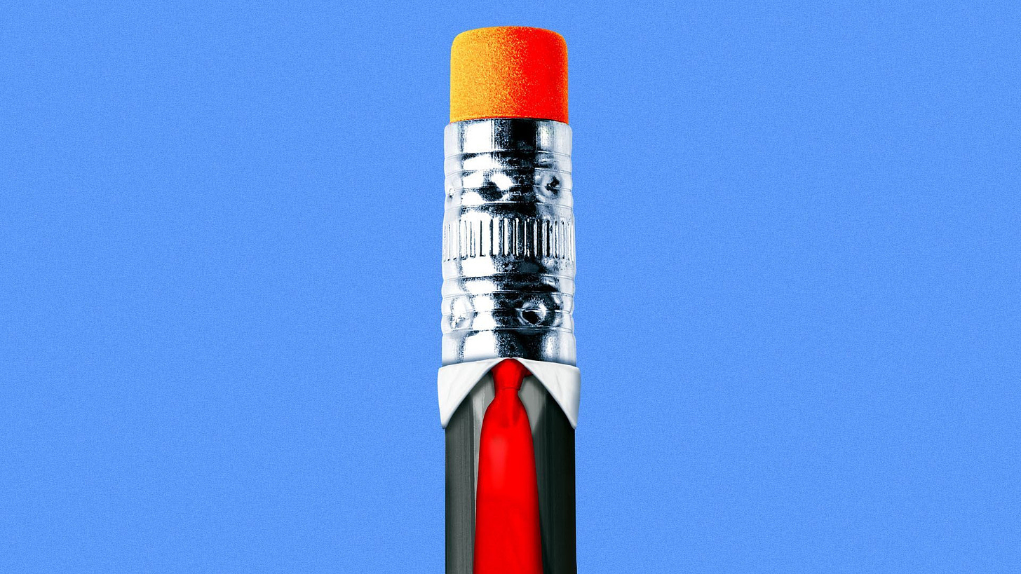 Illustration of the eraser-side of a pencil in a suit and red tie