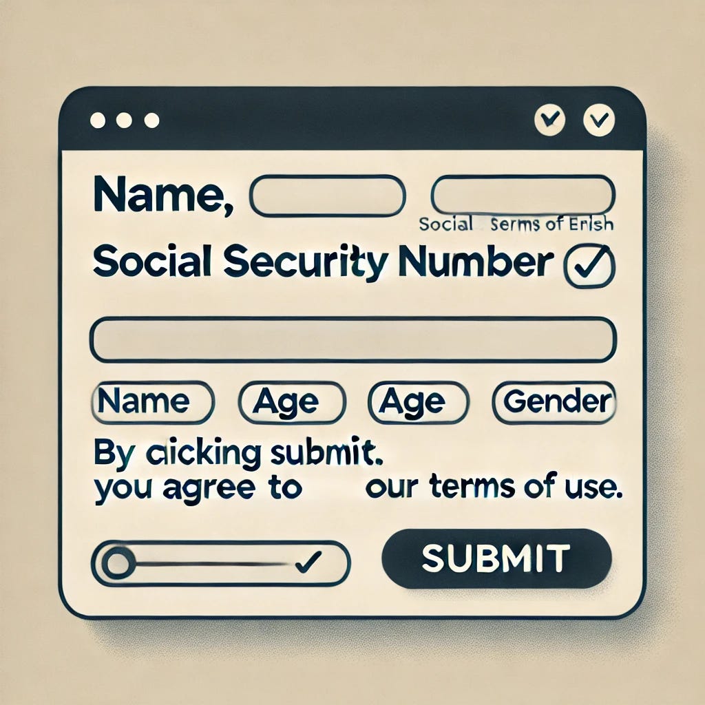 A simple digital form interface translated into English. The form includes fields for 'Name,' 'Social Security Number,' 'Age,' and 'Gender' with drop-down and input fields. A checkbox or agreement text reads, 'By clicking Submit, you agree to our Terms of Use.' A clean and minimalistic design with a Submit button is featured.