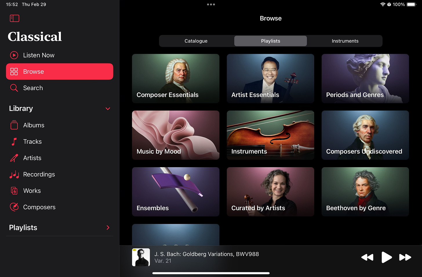 Apple Music Classical’s Browse page displaying the Playlists tab on an iPad. (Dark Mode)