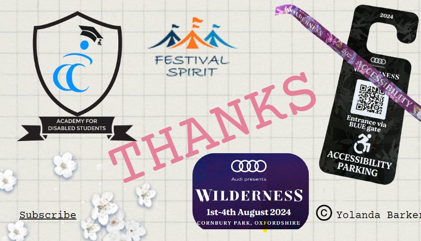 Logos for Academy for Disabled Journalists, Festival Spirit, Wilderness Festival and a picture of my wrist band and car ticket.   THANKS