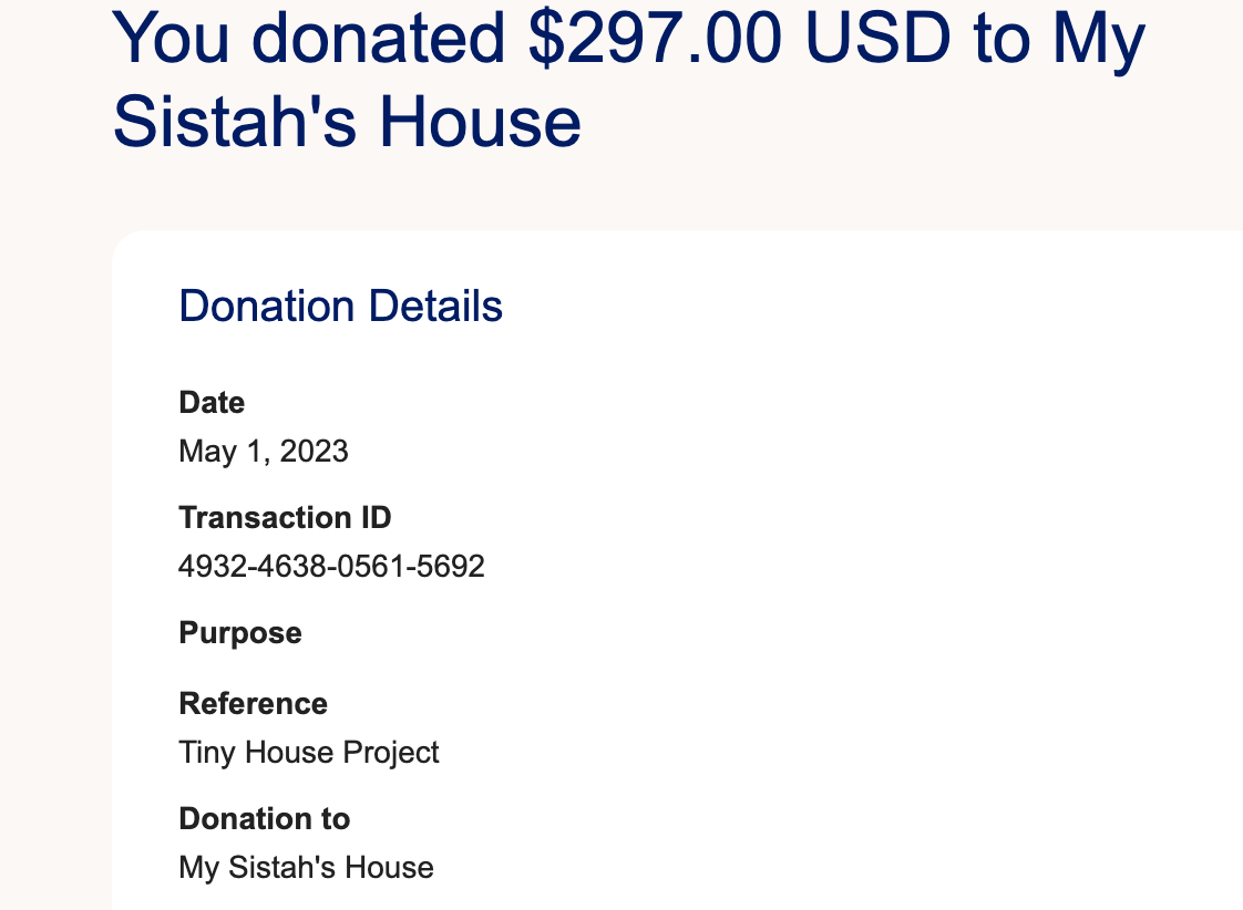Screenshot of my PayPal receipt for my $297 donation to My Sistah’s House.