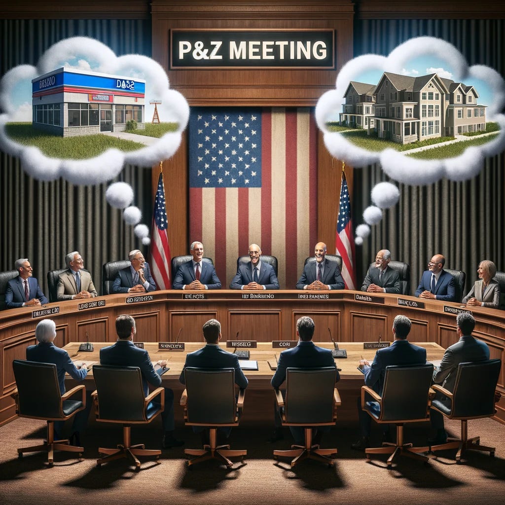 Create a photo-realistic image depicting a 7-member Planning and Zoning board meeting. The members are seated at a dais in a well-lit, formal meeting room. There should be two thought bubbles above the group: one showing a conceptual gas station and the other displaying houses under construction. An American flag should be prominently displayed in the background, symbolizing the meeting's patriotic setting. The phrase "P&Z Meeting" is subtly integrated into the scene, possibly on a wall or the dais, in a style that blends with the environment. The image should mimic the clarity and detail of an actual photograph, with attention to the realism of the people, their surroundings, and the thought bubbles to ensure they appear integrated yet distinctly imaginative.