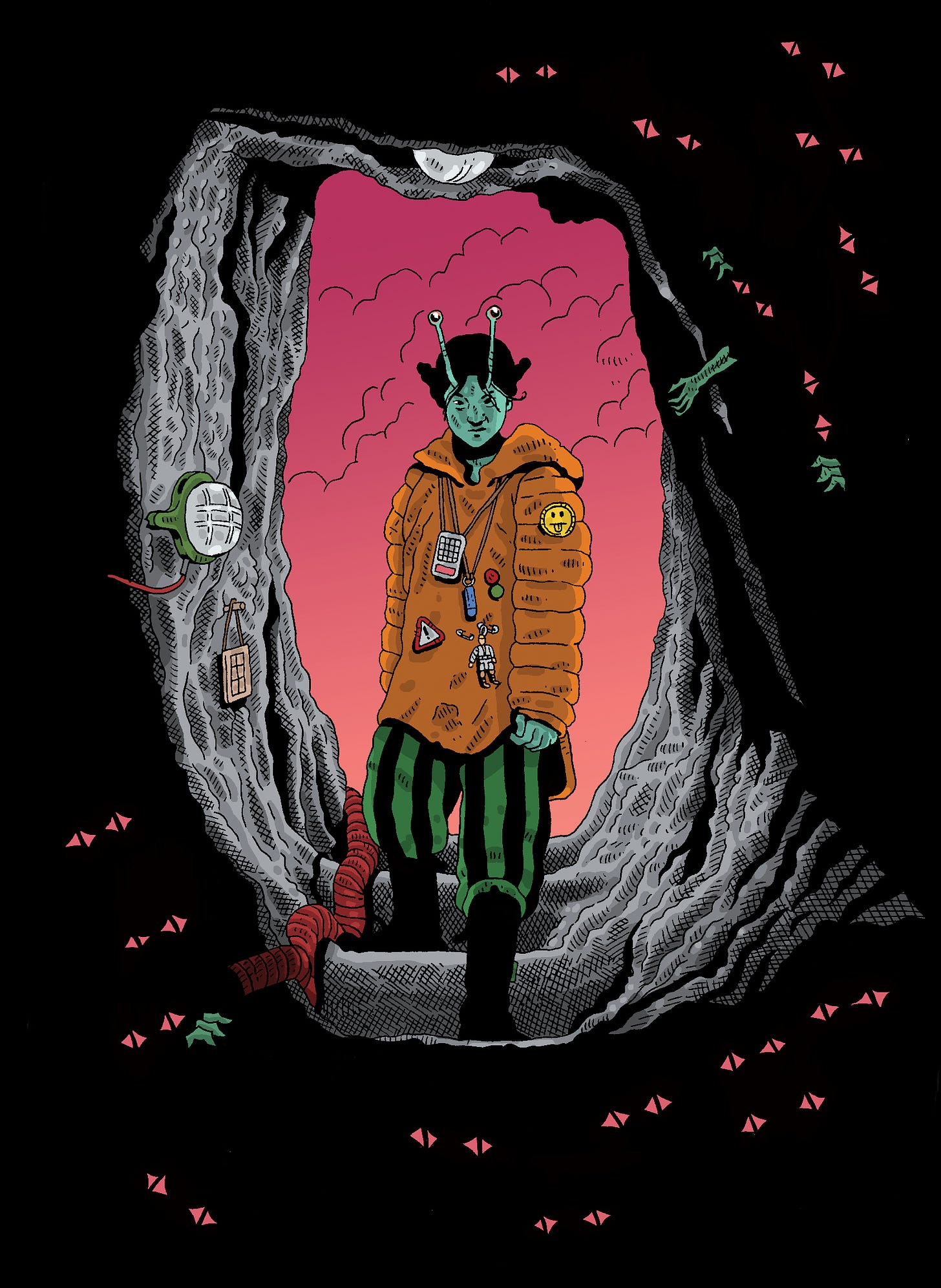 A young person stands looking at the viewer, at the mouth of a dark cave, surrounded by the eyes of unseen creatures. The person is wearing an orange puffer jacket adorned with a tongue-hanging-out emoji badge, with a calculator and USB stick hung on string necklaces. A small figurine, possibly of Luke Skywalker, is pinned to the jacket. The person has two eyes on stalks above his head.