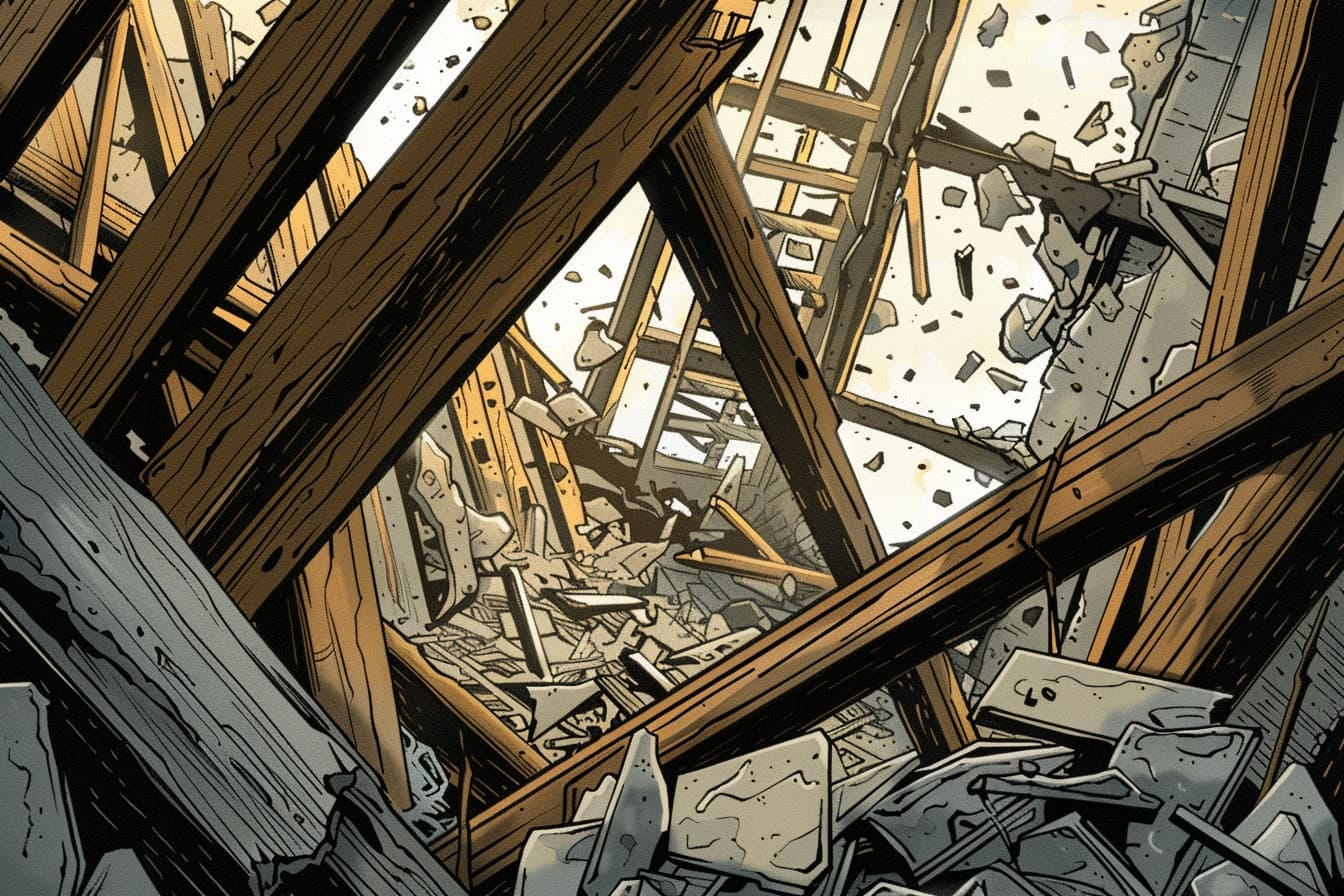 A black and white illustration of a room in shambles. The wooden beams of the ceiling are shattered, and the walls are in disarray.