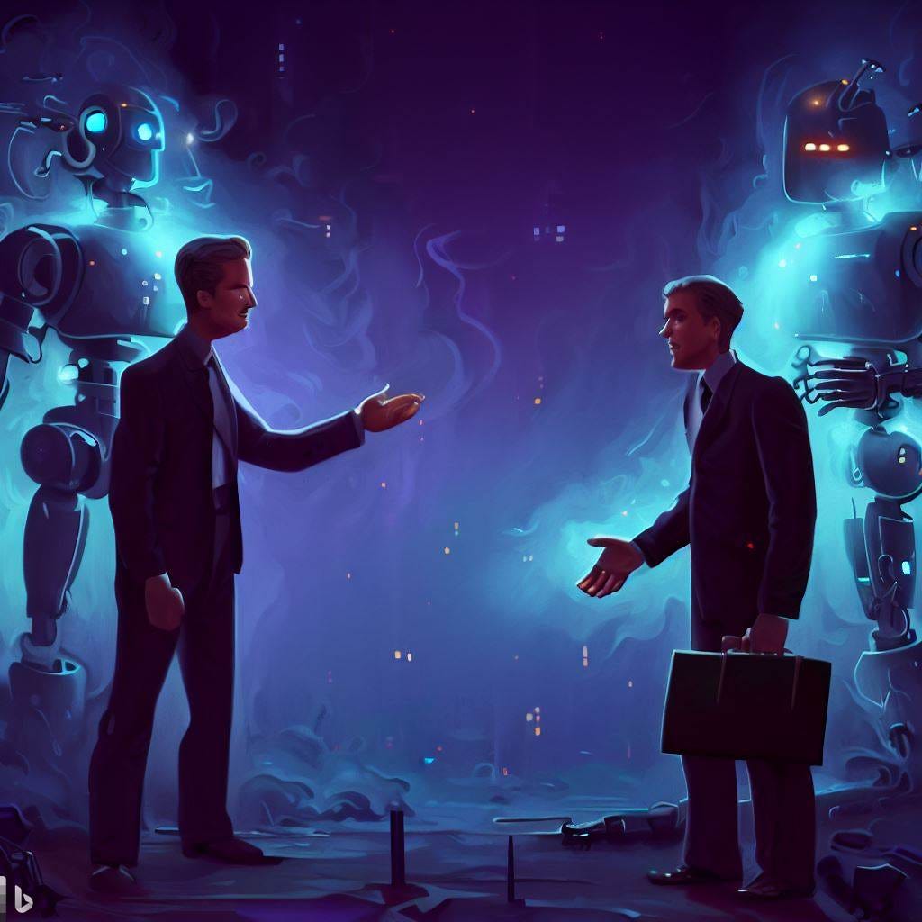 Two Tech Leaders in suits having heated debate around robots, night time, night life, fantasy, mystical, digital art, illustration, epic, hd, flat