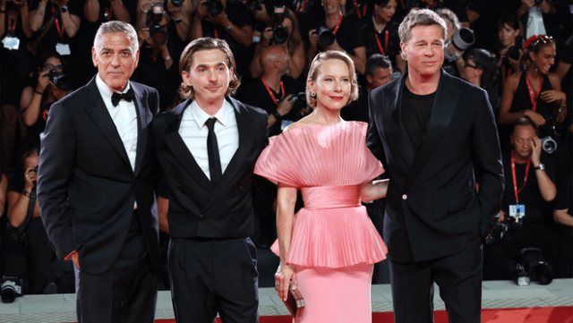 George Clooney, Austin Abrams, Amy Ryan and Brad Pitt attend the Venice International Film Festival world premiere for Apple Original Films’ “Wolfs” at Palazzo del Cinema. “Wolfs” streams globally on Apple TV+ on September 27, 2024.