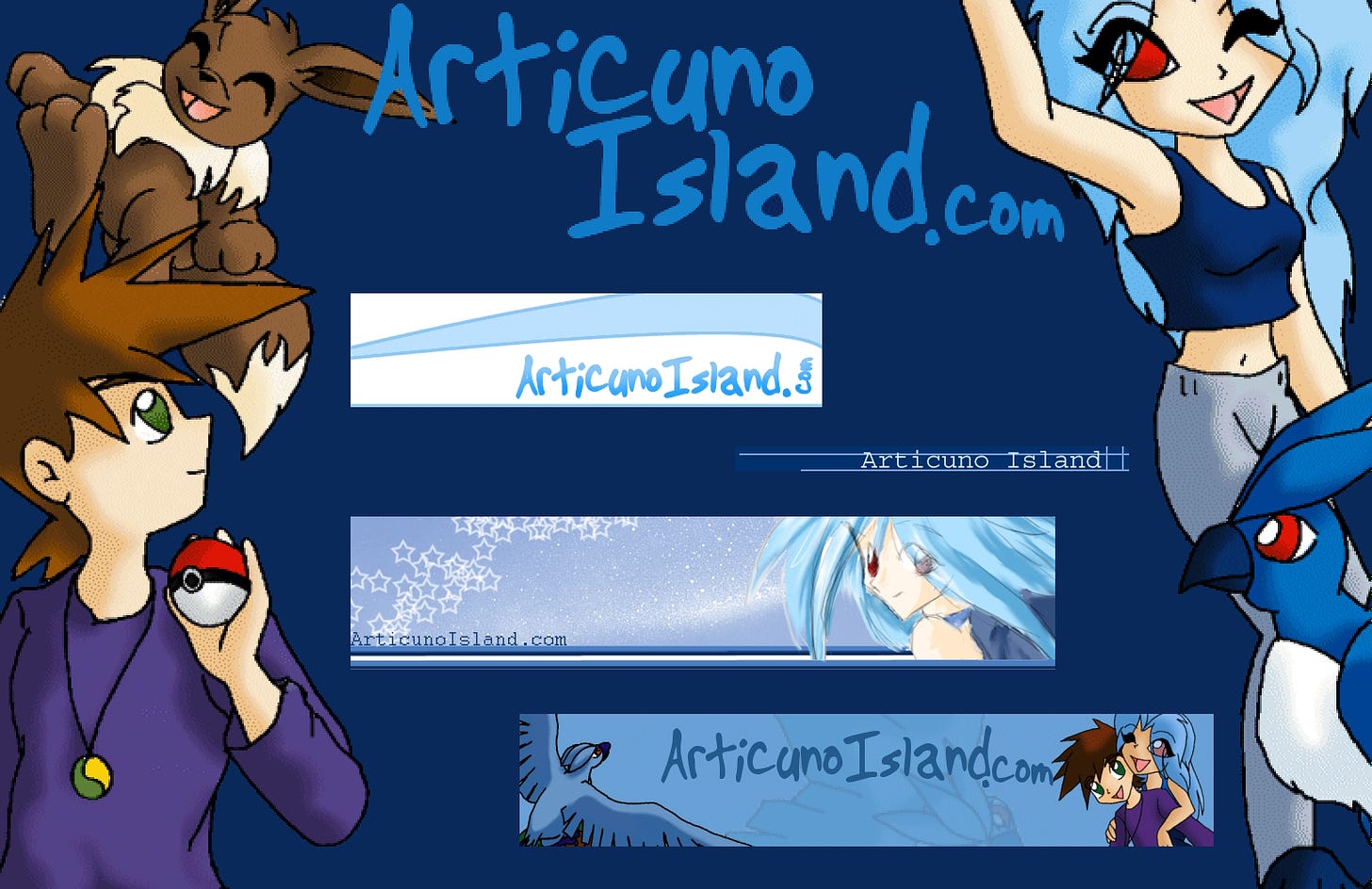 A selection of headers used by Articuno Island through various layouts between 1999 and 2002 (edit by Johto Times)