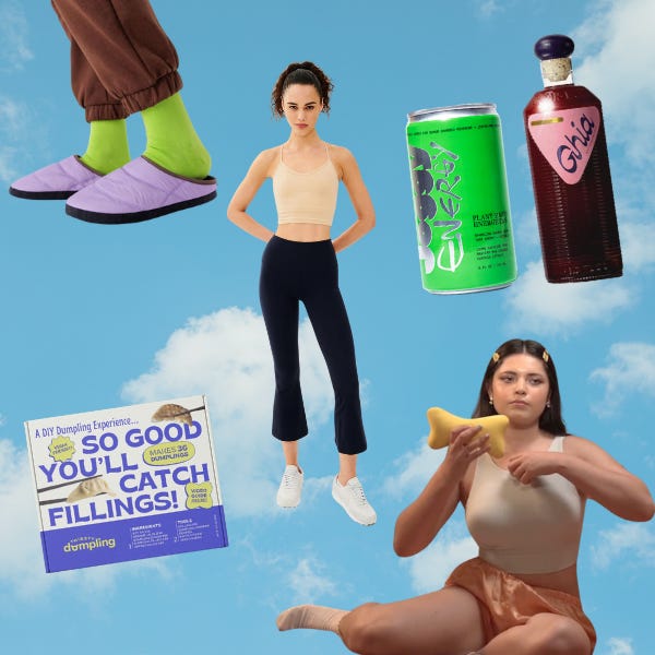 slippers, cropped flare leggings, joggy energy, ghia aperitif, dumpling diy kit, and a woman holding an ergonomic pillow on a cloud background