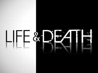 Stylized black and white graphic split vertically, with the word 'LIFE' in white on the black side and 'DEATH' in black on the white side, symbolizing the contrast and connection between life and death.