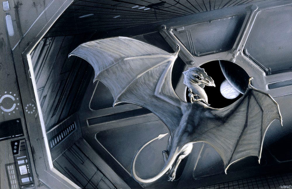 IN THE CARGO HOLD (1990), Acrylic on Illustration Board - 9” x 13 ½”. Alternate preliminary concept for WEYRWORLD featuring a white dragon in the hold of a spaceship looking out a a viewport to a planet and moon