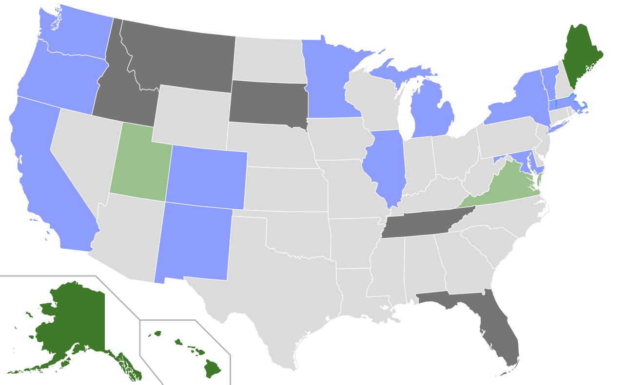 (2023) This is a map of the United States showing which states have ranked choice voting in use at one level or another. Grey states do not use RCV, black states have explicitly banned RCV, light green states have a state law which enabled cities to use RCV if they so choose, dark green states use RCV for some state-wide and state-level elections, and blue states have individual cities which decided to adopt RCV. 