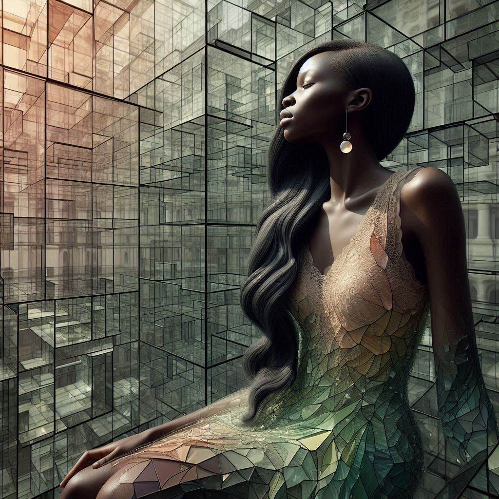 inside glass structure; tiltshift/ 5d angle glass embedded Altgeld hall building/ Broken into fragments/ pieces/ Malian woman, serene/ meditation/ in front of Altgeld hall in olive,ivory, chartrues, lace made of black water in resin/long black hair falling into her face. coral orange, pink, cream, olive address/earrings made of moons aglow/ reverberating waves. black hole/ water in resin verdigris/ In the style of Michael Parkes. black etching/ black linework/ black sky
