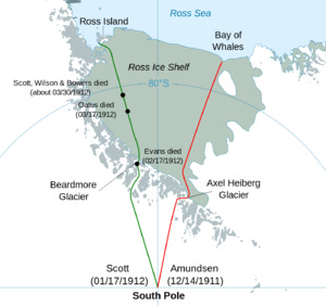Map of a segment of Antarctica, identifying the polar marches of Scott and Amundsen.